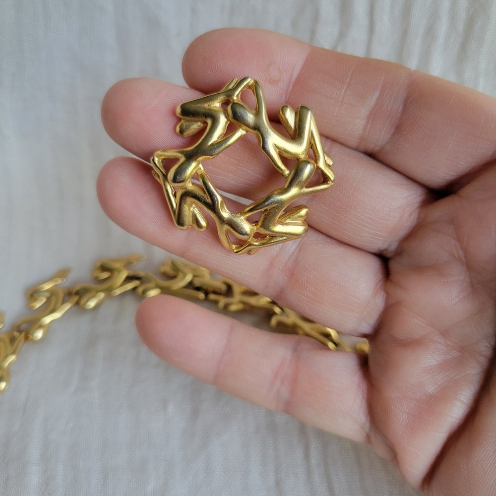 Necklace Pierced Earring Set Human Figures Matte Gold Vintage 1990s Statement - Picture 6 of 11